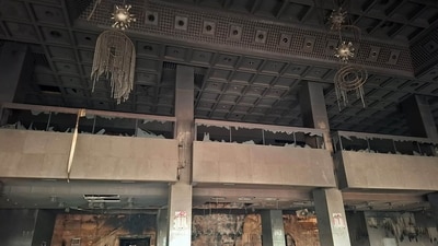 A general view shows the charred remains of the Parliament building in Kathmandu on September 10, 2025. (Anup Ojha/AFP)