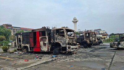 A general view shows the charred remains of government vehicles inside the premises of the Parliament building in Kathmandu on September 10, 2025. Nepali soldiers patrolled the streets of Kathmandu on September 10, seeking to restore order after protesters set parliament ablaze and forced the prime minister to quit in the worst violence to hit the Himalayan nation in two decades. (Anup Ojha/AFP)