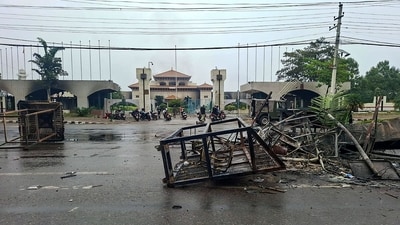 A general view shows charred remains in front of the Parliament building in Kathmandu on September 10, 2025. (Anup Ojha/AFP)