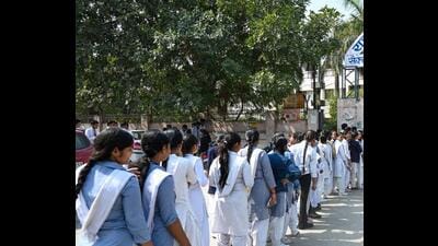 Noida, India- February 24, 2025: Students arrive to appear for the first Hindi UP Board exam of class 12th at Government Inter College Sector 12, in Noida, India, on Monday, February 24, 2025. (Photo by Sunil Ghosh / Hindustan Times) Noida, India- February 24, 2025: Students arrive to appear for the first Hindi UP Board exam of class 12th at Government Inter College Sector 12, in Noida, India, on Monday, February 24, 2025. (Photo by Sunil Ghosh / Hindustan Times)