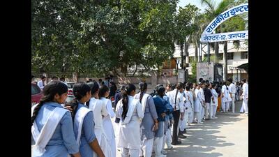 Noida, India- February 24, 2025: Students arrive to appear for the first Hindi UP Board exam of class 12th at Government Inter College Sector 12, in Noida, India, on Monday, February 24, 2025. (Photo by Sunil Ghosh / Hindustan Times)
