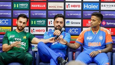 Pakistan's captain Salman Ali Agha, Afghanistan's captain Rashid Khan and India's captain Suryakumar Yadav address the media (Creimas/Asian Cricket Council) Pakistan's captain Salman Ali Agha, Afghanistan's captain Rashid Khan and India's captain Suryakumar Yadav address the media (Creimas/Asian Cricket Council)