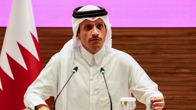 TOPSHOT - Qatar's Prime Minister and Foreign Minister Mohammed bin Abdulrahman al-Thani addresses a press conference following Israeli strikes in Doha on September 9, 2025. Following the attack, world leaders, including the US President, sharply criticised Israel for targeting Hamas leaders in Qatar, a Western ally which has hosted multiple rounds of Gaza ceasefire talks. (Photo by Karim JAAFAR / AFP) (AFP) TOPSHOT - Qatar's Prime Minister and Foreign Minister Mohammed bin Abdulrahman al-Thani addresses a press conference following Israeli strikes in Doha on September 9, 2025. Following the attack, world leaders, including the US President, sharply criticised Israel for targeting Hamas leaders in Qatar, a Western ally which has hosted multiple rounds of Gaza ceasefire talks. (Photo by Karim JAAFAR / AFP) (AFP)
