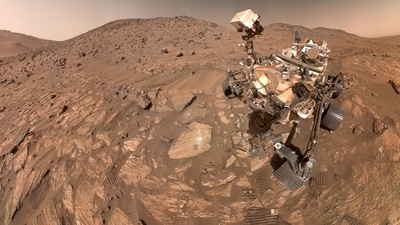 A "selfie" taken by NASA's Perseverance Mars rover, made up of 62 individual images, on July 23, in this image released on September 10, 2025. (via REUTERS)