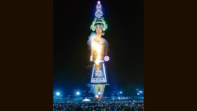 The record for the tallest Ravana in the tricity remains the 221-foot effigy erected in Chandigarh’s Dhanas in 2019. (HT File) The record for the tallest Ravana in the tricity remains the 221-foot effigy erected in Chandigarh’s Dhanas in 2019. (HT File)