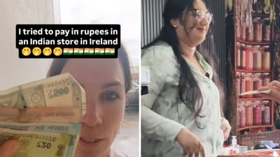 A woman offering Indian currency to a shopkeeper in Ireland. (Instagram/@hello_accentmade) A woman offering Indian currency to a shopkeeper in Ireland. (Instagram/@hello_accentmade)