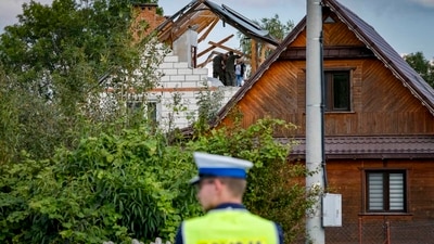 Falling debris from a shot-down Russian drone damaged a house in a village in eastern Poland. Falling debris from a shot-down Russian drone damaged a house in a village in eastern Poland.