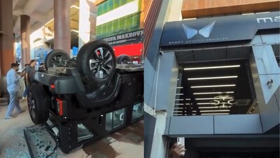 Newly purchased Thar smashes through showroom glass in east Delhi (Screengrab from X/@SUDHIRNISHAD) Newly purchased Thar smashes through showroom glass in east Delhi (Screengrab from X/@SUDHIRNISHAD)