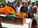Father of 28-year-old Lance Naik Narender Sindhu, who was killed in an encounter in Kulgam, bids a final adieu to his son. Sindhu was cremated with full military honours in his native village in Kaithal on Wednesday. (HT Photo) Father of 28-year-old Lance Naik Narender Sindhu, who was killed in an encounter in Kulgam, bids a final adieu to his son. Sindhu was cremated with full military honours in his native village in Kaithal on Wednesday. (HT Photo)