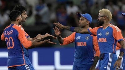 India's Shivam Dube, second left, celebrates with teammates after the dismissal of United Arab Emirates's Junaid Siddique. (AP) India's Shivam Dube, second left, celebrates with teammates after the dismissal of United Arab Emirates's Junaid Siddique. (AP)
