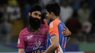 United Arab Emirates's Simranjeet Singh, left, talks with India's Shubman Gill after India won the match during the Asia Cup 2025 (AP) United Arab Emirates's Simranjeet Singh, left, talks with India's Shubman Gill after India won the match during the Asia Cup 2025 (AP)