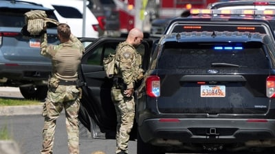 Law enforcement officers respond to the scene where political activist Charlie Kirk was shot during an event at Utah Valley University. Former Utah congressman Jason Chaffetz, who was present, told Fox News that Kirk had been answering a question on “transgender shooters, mass shooters, and in the midst of that, the shot rang out.” (Getty Images via AFP) Law enforcement officers respond to the scene where political activist Charlie Kirk was shot during an event at Utah Valley University. Former Utah congressman Jason Chaffetz, who was present, told Fox News that Kirk had been answering a question on “transgender shooters, mass shooters, and in the midst of that, the shot rang out.” (Getty Images via AFP)
