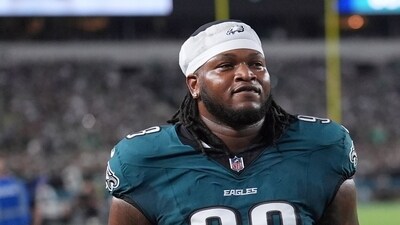 FILE - Philadelphia Eagles' Jalen Carter walks off the field after being ejected from an NFL football game against the Dallas Cowboys, Thursday, Sept. 4, 2025, in Philadelphia. (AP Photo/Matt Slocum, File) (AP)