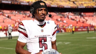 Jayden Daniels #5 of the Washington Commanders looks on after beating the New York Giants 21-6 at Northwest Stadium on September 07, 2025 in Landover, Maryland (Getty Images via AFP) Jayden Daniels #5 of the Washington Commanders looks on after beating the New York Giants 21-6 at Northwest Stadium on September 07, 2025 in Landover, Maryland (Getty Images via AFP)