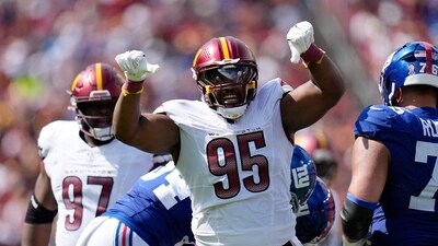 Jer'Zhan Newton #95 of the Washington Commanders reacts after tackling Tyrone Tracy Jr. #29 of the New York Giants during the third quarter at Northwest Stadium on September 07, 2025, in Landover, Maryland. (Getty Images via AFP) Jer'Zhan Newton #95 of the Washington Commanders reacts after tackling Tyrone Tracy Jr. #29 of the New York Giants during the third quarter at Northwest Stadium on September 07, 2025, in Landover, Maryland. (Getty Images via AFP)