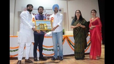 From left: ABVP national secretary Virendra Solanki, Hamirpur MP Anurag Thakur, PUCSC president Gauravveer Singh Sohal and PU V-C Renu Vig on Thursday. (HT Photo) From left: ABVP national secretary Virendra Solanki, Hamirpur MP Anurag Thakur, PUCSC president Gauravveer Singh Sohal and PU V-C Renu Vig on Thursday. (HT Photo)