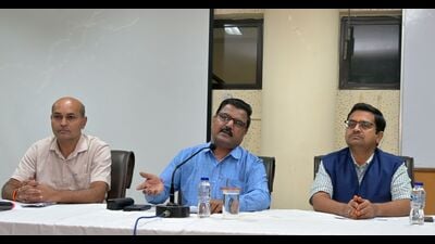 IIIT-A director Prof Mukul Sharad Sutaone (centre) addressing media persons on Thursday. (HT Photo) IIIT-A director Prof Mukul Sharad Sutaone (centre) addressing media persons on Thursday. (HT Photo)