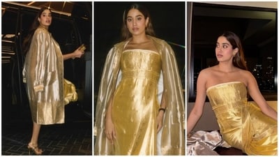 In another striking look, Janhvi also wore a breathtaking gold Prada saree-inspired gown, blending traditional Indian elements with Western fashion. She paired the outfit with golden sandals by Aprajita Toor, a modern take on traditional Kolhapuri chappals. 