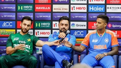 Pakistan captain Salman Ali Agha, Afghanistan captain Rashid Khan and India captain Suryakumar Yadav address the media. (Creimas/Asian Cricket Council) Pakistan captain Salman Ali Agha, Afghanistan captain Rashid Khan and India captain Suryakumar Yadav address the media. (Creimas/Asian Cricket Council)
