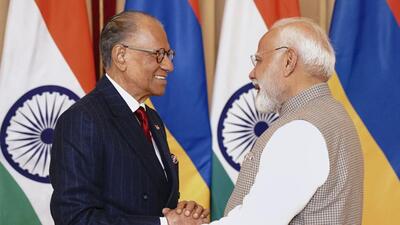 Prime Minister Narendra Modi with his Mauritius counterpart Navinchandra Ramgoolam during a bilateral meeting, in Varanasi. (@MEAIndia/via PTI) Prime Minister Narendra Modi with his Mauritius counterpart Navinchandra Ramgoolam during a bilateral meeting, in Varanasi. (@MEAIndia/via PTI)