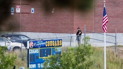 A police officer responds to a shooting at Evergreen High School on September 10, 2025 in Evergreen, Colorado. At least three students, including the suspected shooter, were injured in the attack. (Photo by Michael Ciaglo / GETTY IMAGES NORTH AMERICA / Getty Images via AFP) (Getty Images via AFP) A police officer responds to a shooting at Evergreen High School on September 10, 2025 in Evergreen, Colorado. At least three students, including the suspected shooter, were injured in the attack. (Photo by Michael Ciaglo / GETTY IMAGES NORTH AMERICA / Getty Images via AFP) (Getty Images via AFP)