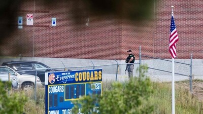 A police officer responds to a shooting at Evergreen High School on September 10, 2025 in Evergreen, Colorado. At least three students, including the suspected shooter, were injured in the attack. (Getty Images via AFP) A police officer responds to a shooting at Evergreen High School on September 10, 2025 in Evergreen, Colorado. At least three students, including the suspected shooter, were injured in the attack. (Getty Images via AFP)