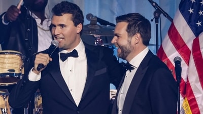 Charlie Kirk introduces US Vice President-elect JD Vance on stage during the Turning Point USA Inaugural-Eve Ball at the Salamander Hotel on January 19, 2025, in Washington, DC. (AFP)