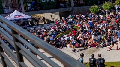 Attendees run for cover after US right-wing activist and commentator Charlie Kirk was shot at a speaking engagement at Utah Valley University in Orem, Utah. His assassination was among a series of escalating attacks on political figures, including the killing of a Democratic state lawmaker and her husband in Minnesota, and last summer’s shooting of Donald Trump, which have unsettled the nation. (via REUTERS)