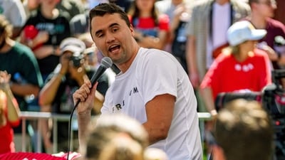 US right-wing activist and commentator Charlie Kirk appears at a Utah Valley University speaking event in Orem. (via REUTERS)