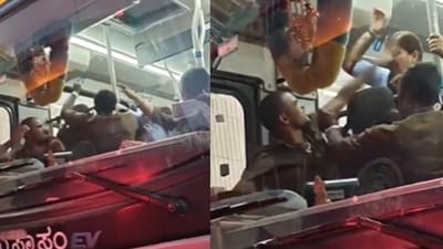 A video recorded by an onlooker shows the woman climbing up the ramp behind the driver’s seat, continuing the verbal confrontation. (X/@karnatakaportf)