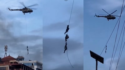 Ministers in Nepal airlifted by army chopper ropes to escape angry protesters (X/@Osint613) Ministers in Nepal airlifted by army chopper ropes to escape angry protesters (X/@Osint613)