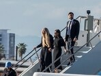 JD Vance, his wife Usha Vance and wife activist Charlie Kirk, Erika Frantzve, exit Air Force Two