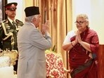 Former Supreme Court chief justice Sushila Karki, right, greets Nepalese President Ram Chandra Poudel after taking the oath as interim prime minister during a ceremony at the presidential residence in Kathmandu, Nepal on Friday. Former Supreme Court chief justice Sushila Karki, right, greets Nepalese President Ram Chandra Poudel after taking the oath as interim prime minister during a ceremony at the presidential residence in Kathmandu, Nepal on Friday.