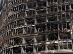 A view of the charred Hilton Hotel after it was vandalised during the anti-government protests, in Kathmandu, Nepal, Friday, Sept. 12, 2025. 