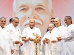RSS chief Mohan Bhagwat with leaders of the the Brahmakumaris organisation at their event in Nagpur on Friday.