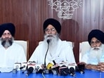 SGPC president Harjinder Singh Dhami with executive members addressing a press conference in Amritsar, on Thursday. (HT Photo) SGPC president Harjinder Singh Dhami with executive members addressing a press conference in Amritsar, on Thursday. (HT Photo)