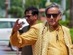Congress MP Shashi Tharoor arrives to attend the Monsoon session of Parliament, in New Delhi.