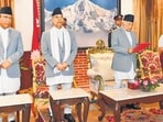 Sushila Karki is administered the oath of office by Nepali President Ram Chandra Paudel on Friday. (HT PHOTO)