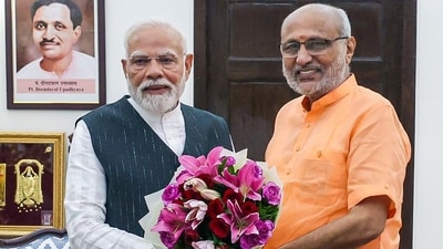 Prime Minister Narendra Modi meets and congratulates CP Radhakrishnan on being elected as the Vice President of India, in New Delhi on Tuesday. (DPR PMO) Prime Minister Narendra Modi meets and congratulates CP Radhakrishnan on being elected as the Vice President of India, in New Delhi on Tuesday. (DPR PMO)