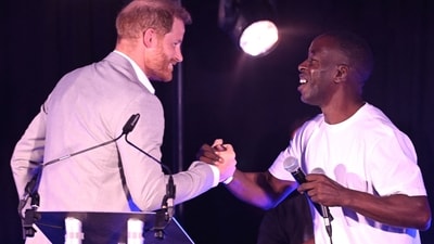 Britain's Prince Harry, Duke of Sussex shakes hands with a performer during a visit to Community Recording Studio in Nottingham, central England on September 9, 2025. Set up in 1991, the Community Recording Studio, based in St Anns, teaches film and video skills as well as music, giving youngsters access to professional equipment and key industry contacts, and musicians. (Photo by Paul Grover / POOL / AFP) (AFP) Britain's Prince Harry, Duke of Sussex shakes hands with a performer during a visit to Community Recording Studio in Nottingham, central England on September 9, 2025. Set up in 1991, the Community Recording Studio, based in St Anns, teaches film and video skills as well as music, giving youngsters access to professional equipment and key industry contacts, and musicians. (Photo by Paul Grover / POOL / AFP) (AFP)