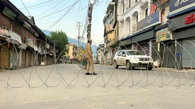 Barbed wires placed in view of the protests against the detention of AAP MLA Mehraj Malik under the Public Safety Act, in Doda district, Jammu and Kashmir, on Friday. (PTI)