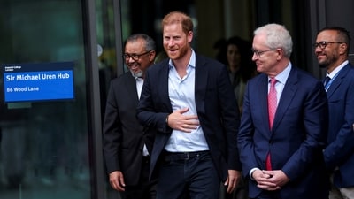 Britain's Prince Harry reacts, as he departs, following his visit to Centre for Blast Injury Studies at Imperial College London, in London, Wednesday, Sept. 10, 2025. (Suzanne Plunkett, Pool Photo via AP) (AP) Britain's Prince Harry reacts, as he departs, following his visit to Centre for Blast Injury Studies at Imperial College London, in London, Wednesday, Sept. 10, 2025. (Suzanne Plunkett, Pool Photo via AP) (AP)