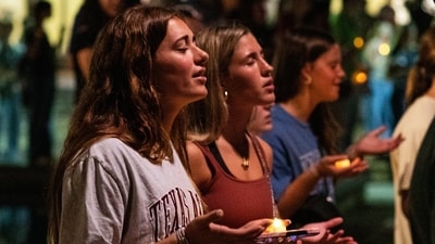 Attendees sing during the worship portion of the vigil for Charlie Kirk at Rudder Plaza on the Texas A&M Campus in College Station, Texas, Thursday, Sept. 11, 2025. (Meredith Seaver/College Station Eagle via AP) (AP) Attendees sing during the worship portion of the vigil for Charlie Kirk at Rudder Plaza on the Texas A&M Campus in College Station, Texas, Thursday, Sept. 11, 2025. (Meredith Seaver/College Station Eagle via AP) (AP)