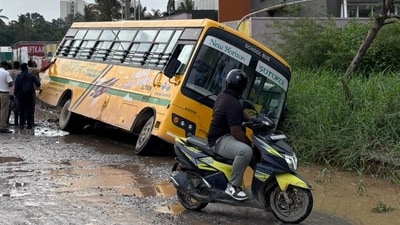 The incident occurred on the infamous Panathur-Balagere road in Bengaluru on Friday morning, a video uploaded on social media showed. (X) The incident occurred on the infamous Panathur-Balagere road in Bengaluru on Friday morning, a video uploaded on social media showed. (X)
