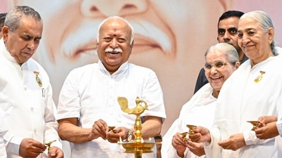RSS chief Mohan Bhagwat with leaders of the the Brahmakumaris organisation at their event in Nagpur on Friday. (PTI) RSS chief Mohan Bhagwat with leaders of the the Brahmakumaris organisation at their event in Nagpur on Friday. (PTI)