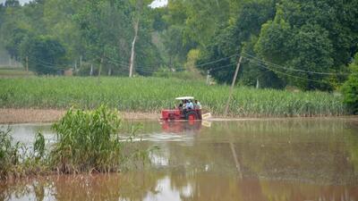 Residents riding a tractor through a flooded field at Ramdass in Amritsar on Thursday. (Sameer Sehgal/HT)