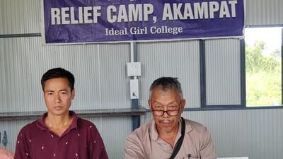 Robert Singh (left) and RK Surendra (right), two displaced Meitei persons from Moreh, at the relief camp at Akampat in Imphal. (Utpal Parashar)