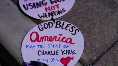 A sign with a message ‘May the spirit of Charlie live on’ about Charlie Kirk, who was shot and killed. (AP) A sign with a message ‘May the spirit of Charlie live on’ about Charlie Kirk, who was shot and killed. (AP)