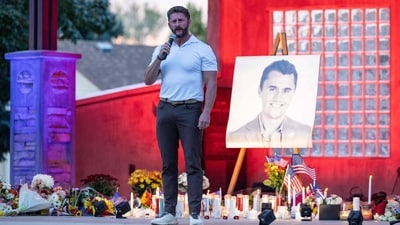 Podcast host Jason Preston speaks to the crowd during a candlelight vigil for Charlie Kirk at a makeshift memorial at Orem City Center Park in Orem, Utah, a day after he was shot dead. (AFP) Podcast host Jason Preston speaks to the crowd during a candlelight vigil for Charlie Kirk at a makeshift memorial at Orem City Center Park in Orem, Utah, a day after he was shot dead. (AFP)