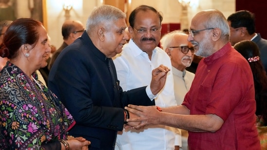 Vice-President CP Radhakrishnan with former vice-presidents Jagdeep Dhankhar during his swearing-in ceremony as the 15th Vice-President of India. (PTI)